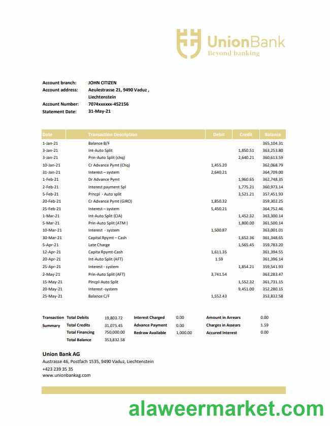 Liechtenstein Union Bank AG bank statement easy to fill template in Excel and PDF format